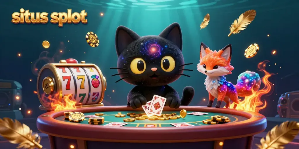 Permainan situs slot dengan kucing hitam yang menarik chip emas dan kartu di meja kasino cosmic.