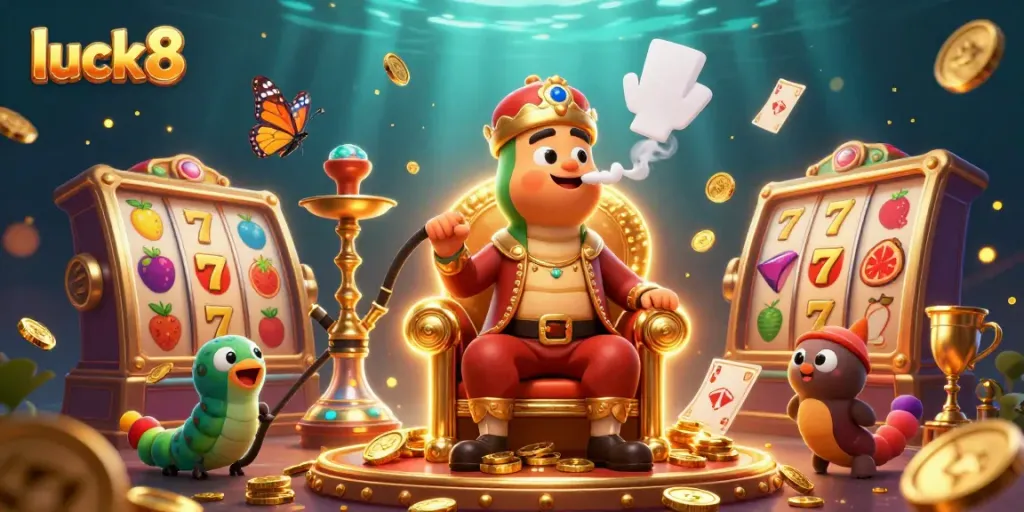 Experience the excitement of luck8 casino with vibrant slot reels and a unique hookah-master character.