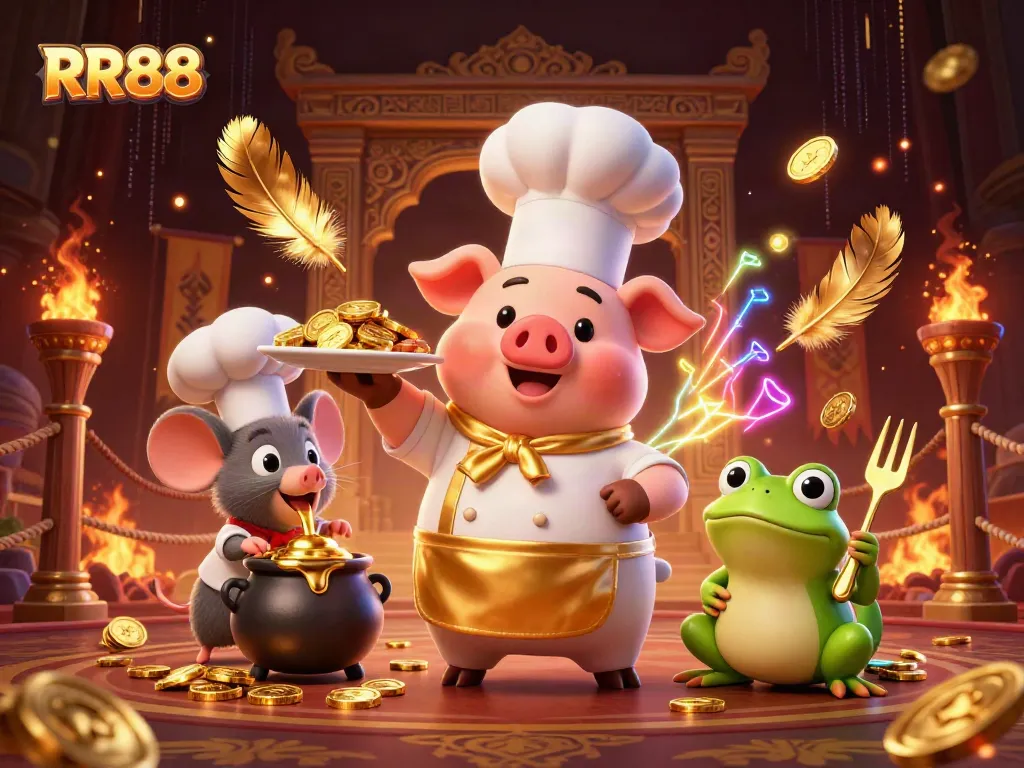 Experience RR88's thrilling atmosphere with a chef pig, sous-chef mouse, and a frog in a dynamic casino scene.