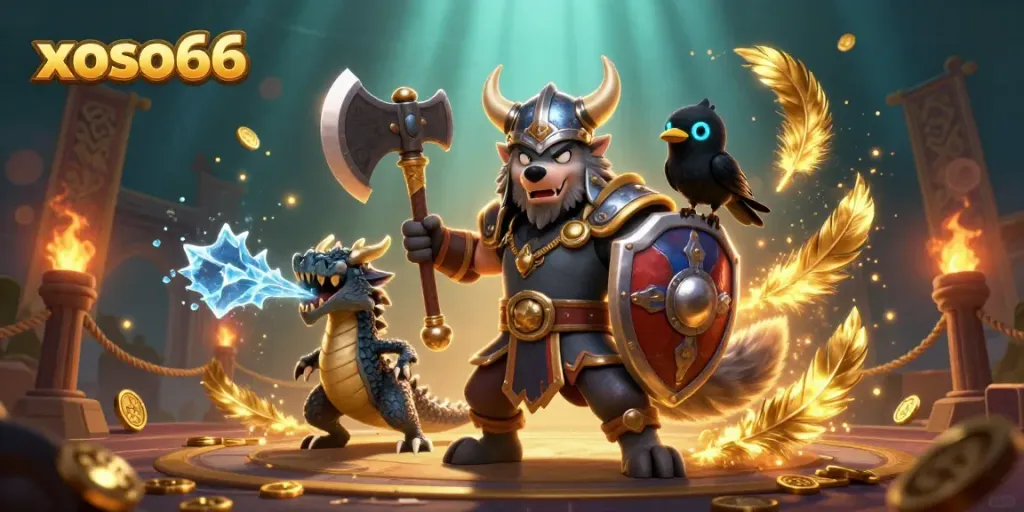 Engage in thrilling online gaming with xoso66 featuring a heroic Viking wolf warrior, dragon, and rich casino elements.