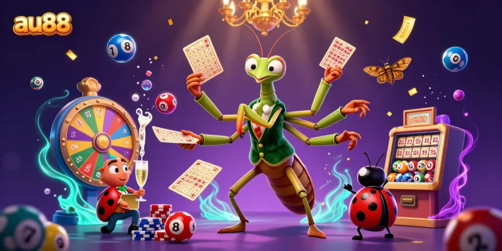 Experience the thrill of playing at au88 with vibrant casino elements and characters.